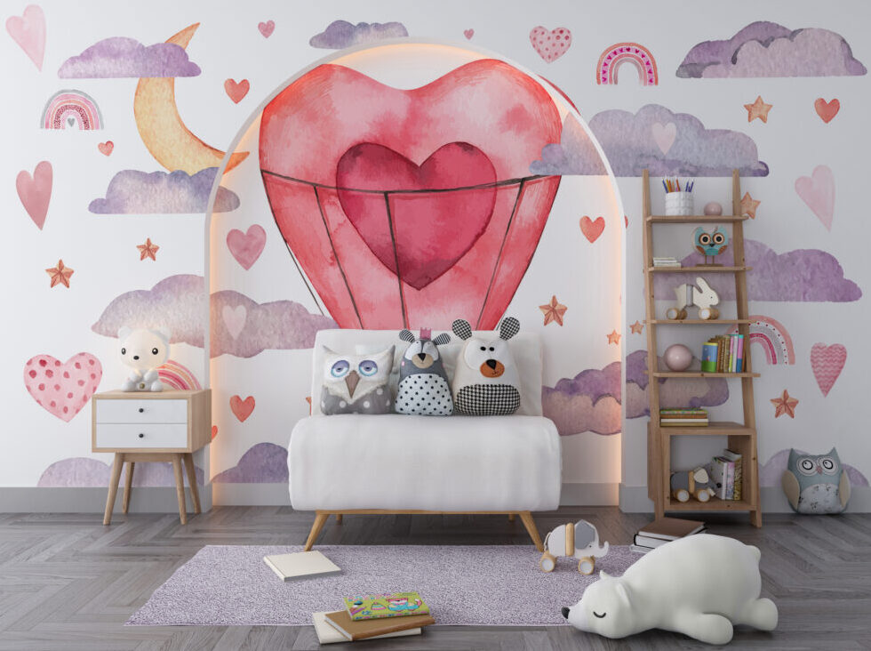 Kalpli Balon ve Bulut Desenli 3D Duvar Kağıdı | Duvar Kağıdı Marketi
