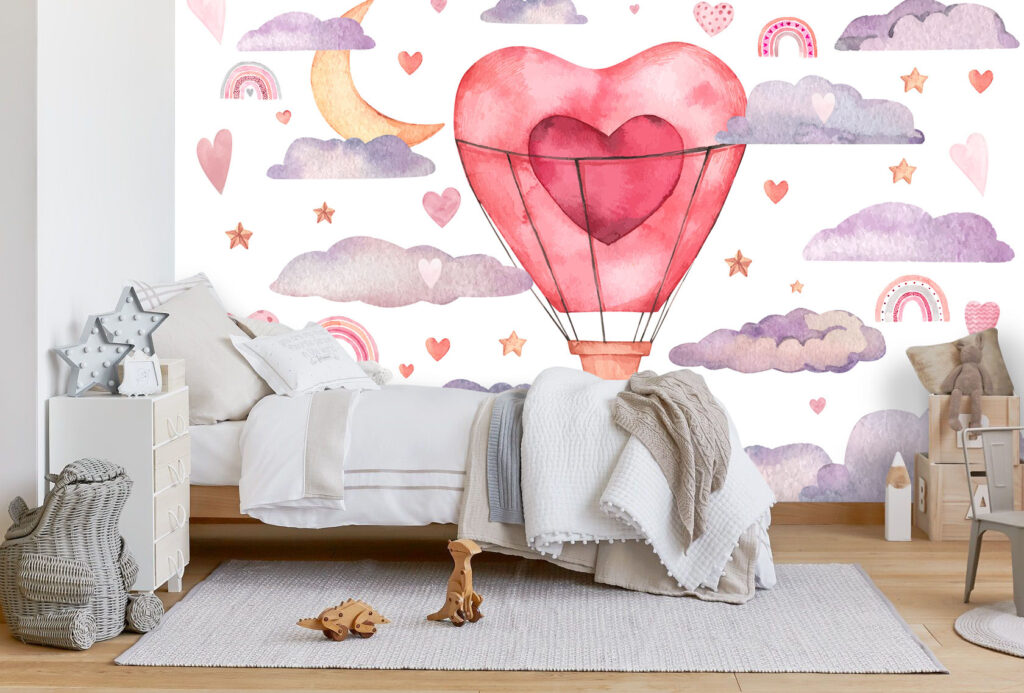 Kalpli Balon ve Bulut Desenli 3D Duvar Kağıdı | Duvar Kağıdı Marketi