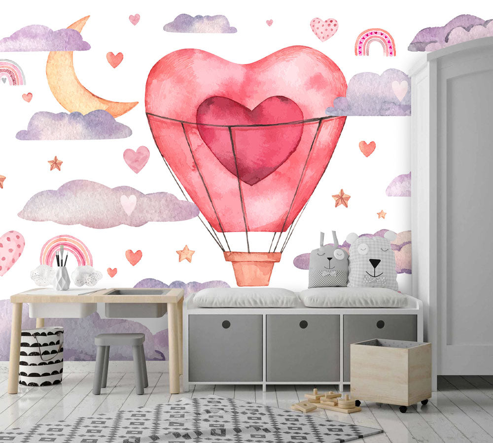 Kalpli Balon ve Bulut Desenli 3D Duvar Kağıdı | Duvar Kağıdı Marketi