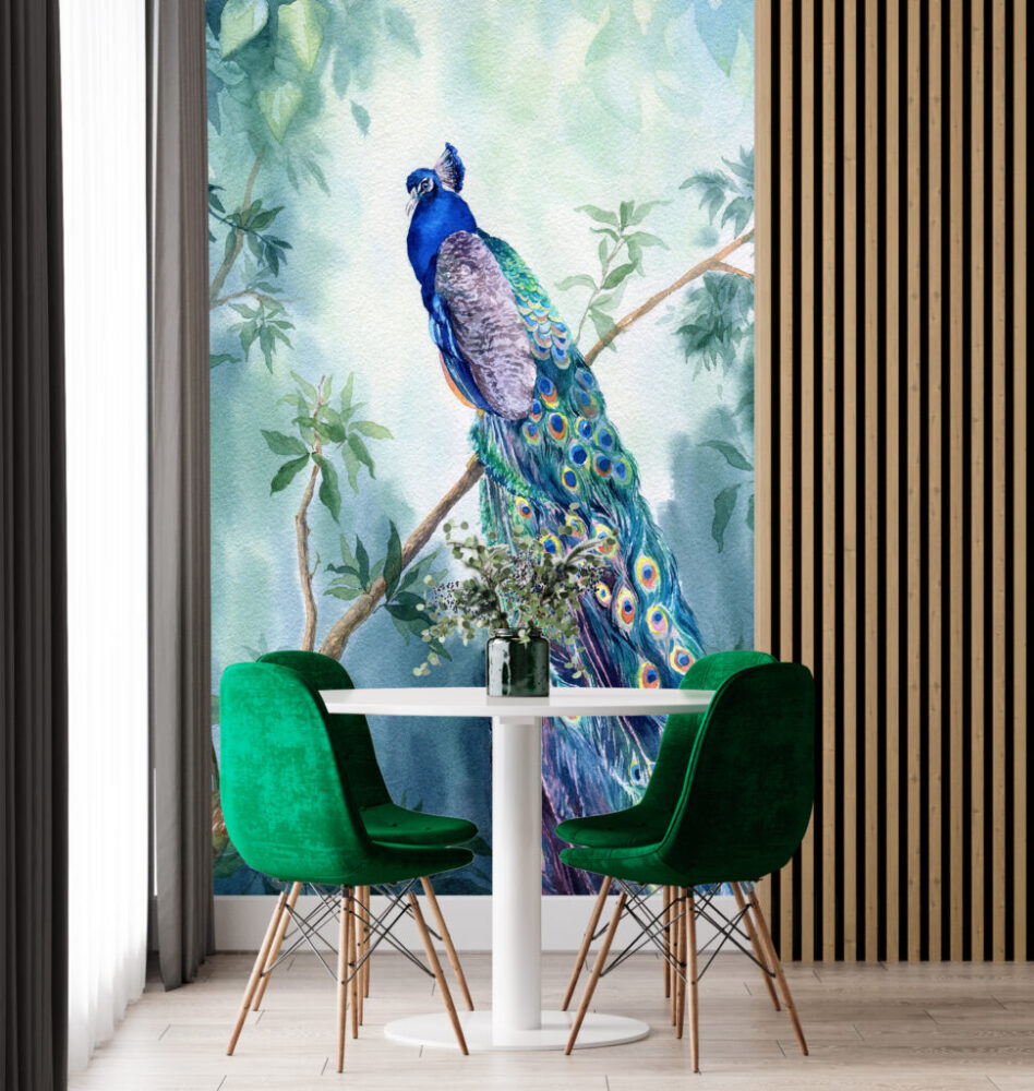 Tavus Kuşu Desenli 3D Dalda Duran Duvar Kağıdı Poster