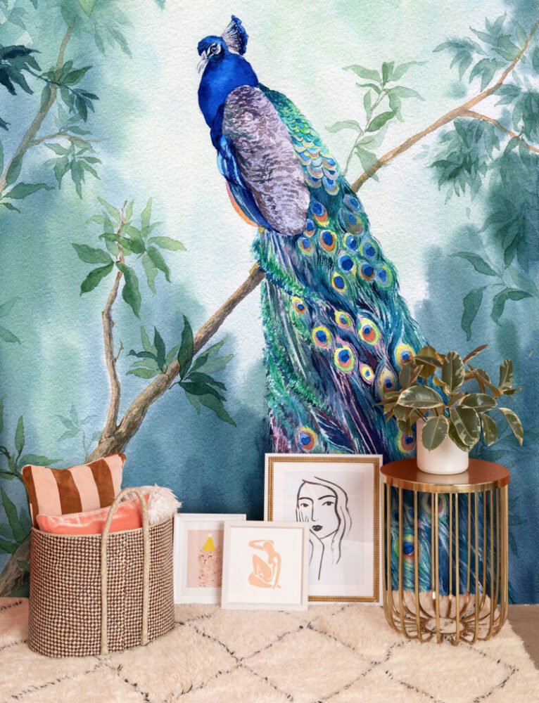Dalda Duran Tavus Kuşu Desenli 3D Duvar Kağıdı