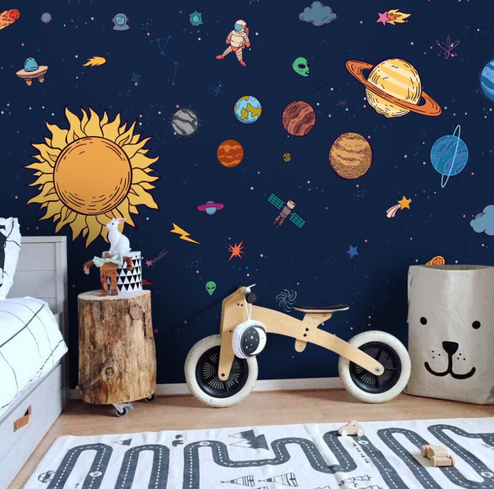 Güneş, Gezegen ve Astronot Desenli 3D Duvar Kağıdı | Duvar Kağıdı Marketi