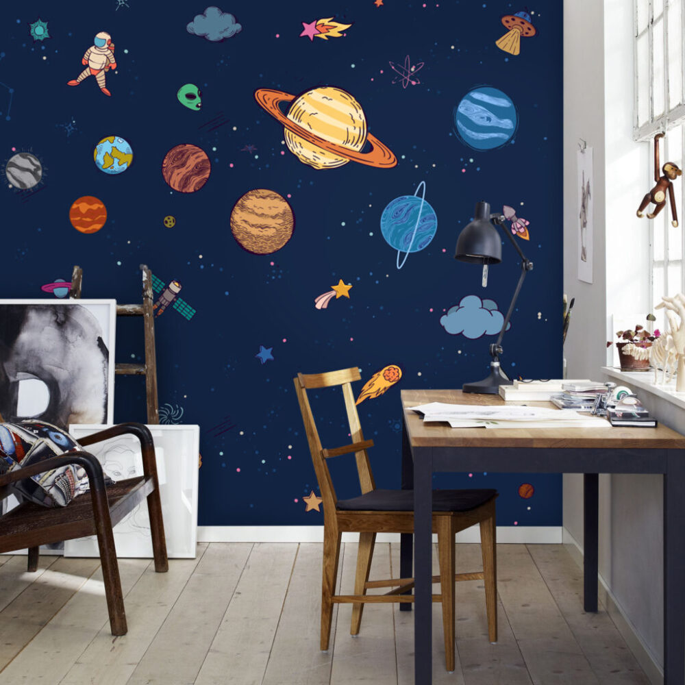 Güneş, Gezegen ve Astronot Desenli 3D Duvar Kağıdı | Duvar Kağıdı Marketi