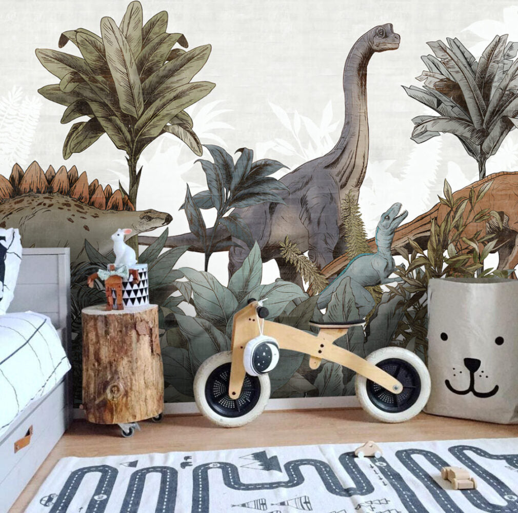 Ormandaki Dinozor Desenli 3D Duvar Kağıdı