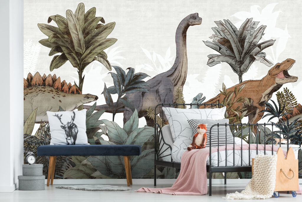 Ormandaki Dinozor Desenli 3D Duvar Kağıdı