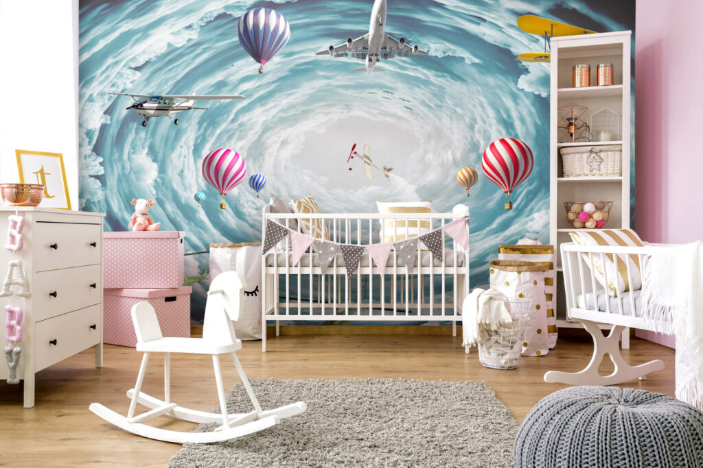 Kargaşanın İçinde Uçak ve Balon Desenli 3D Duvar Kağıdı | Duvar Kağıdı Marketi