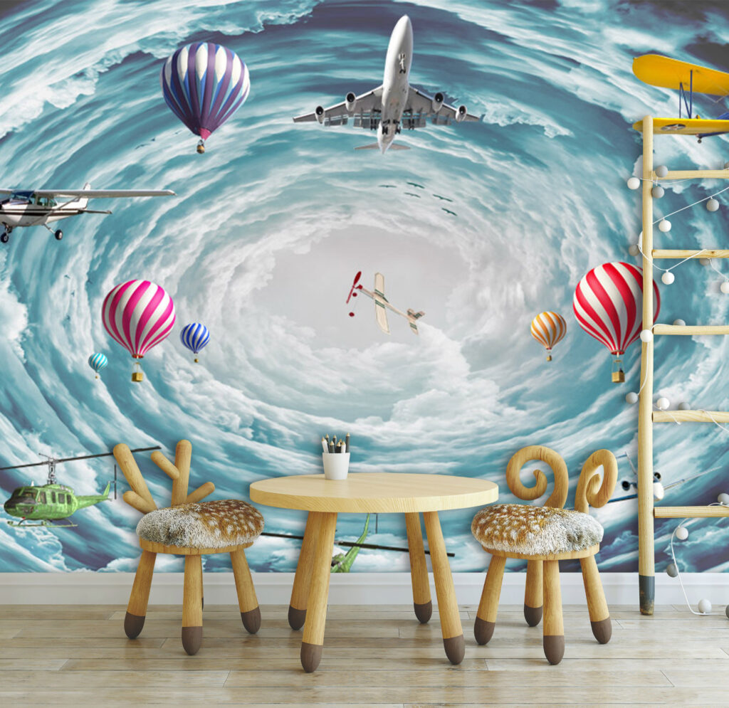 Kargaşanın İçinde Uçak ve Balon Desenli 3D Duvar Kağıdı | Duvar Kağıdı Marketi
