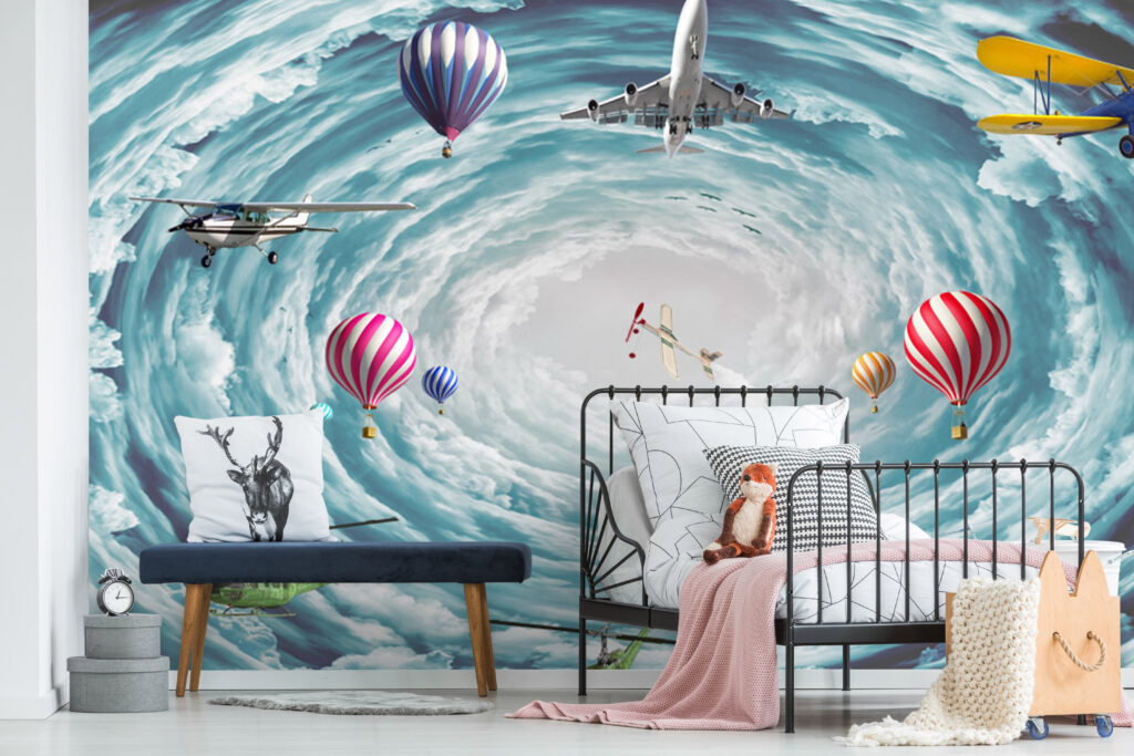 Kargaşanın İçinde Uçak ve Balon Desenli 3D Duvar Kağıdı | Duvar Kağıdı Marketi