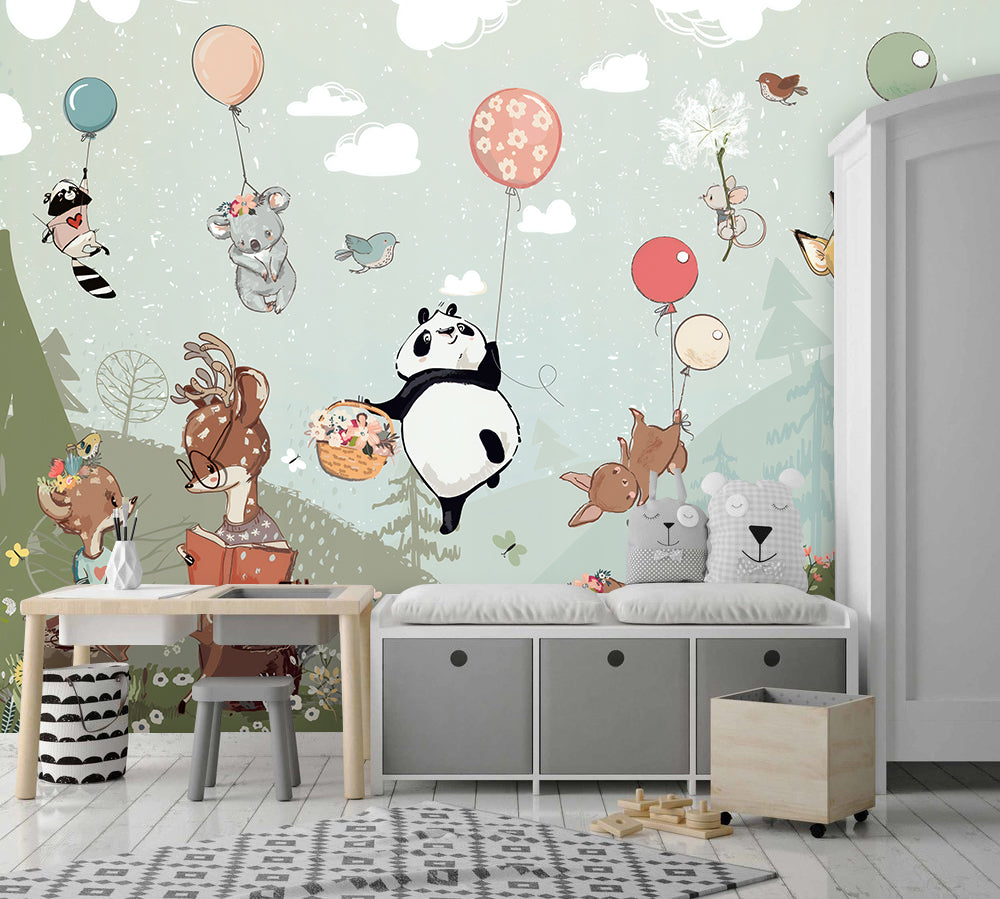 Balonlara Tutunarak Uçan 3D Desenli Duvar Kağıdı | Duvar Kağıdı Marketi
