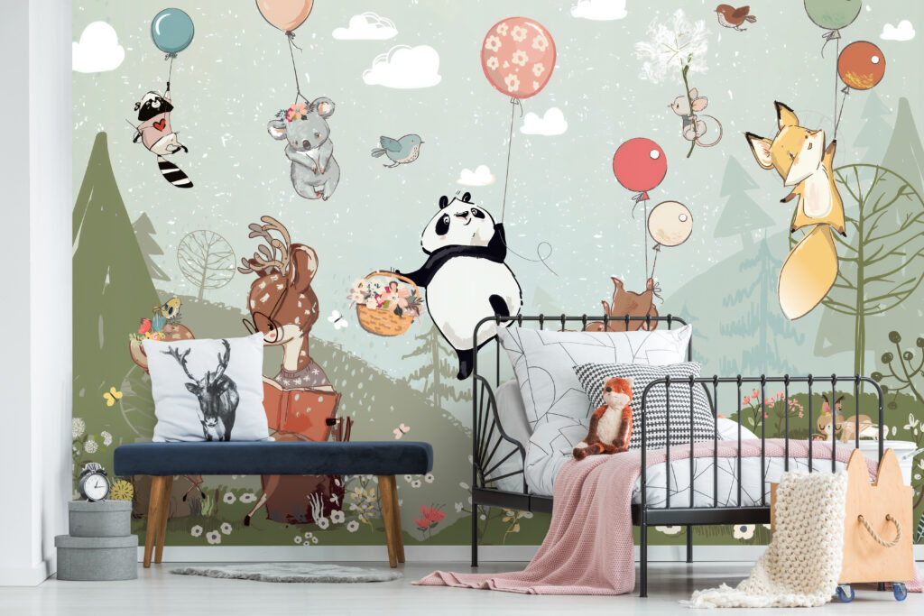 Balonlara Tutunarak Uçan 3D Desenli Duvar Kağıdı | Duvar Kağıdı Marketi