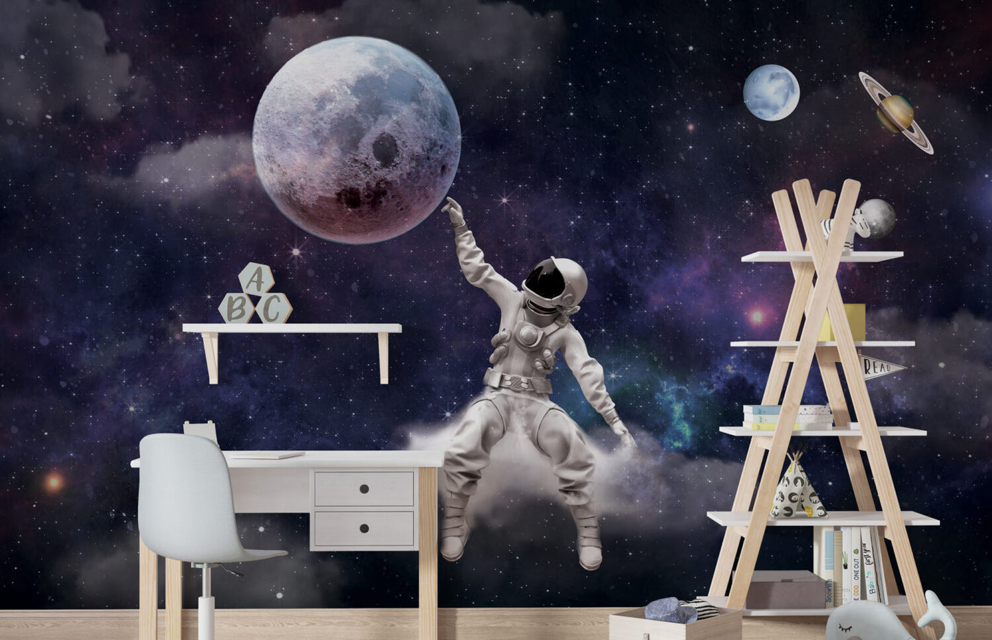 Ay ve Uzay'da Gezen Astronot Adam 3D Duvar Kağıdı