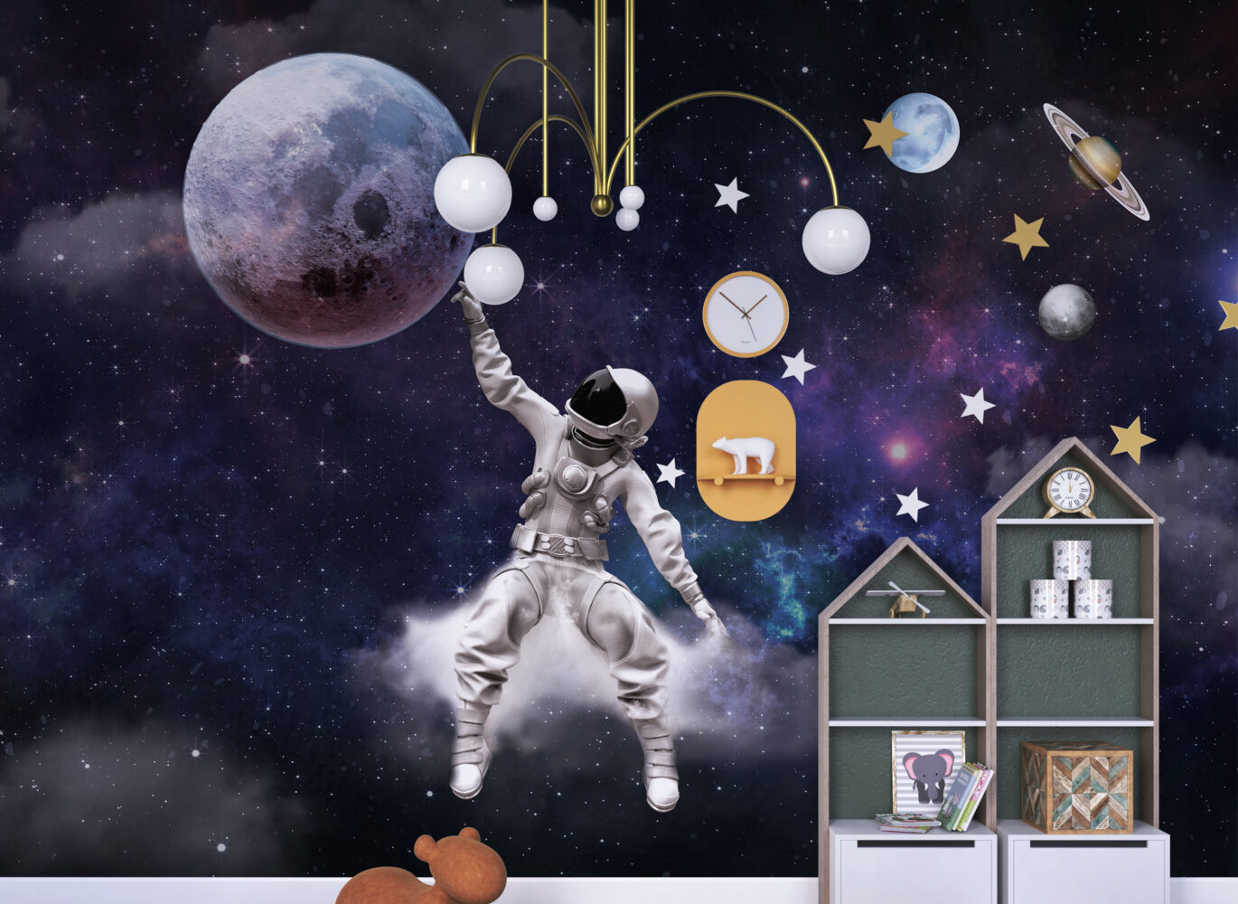 Ay ve Uzay'da Gezen Astronot Adam 3D Duvar Kağıdı