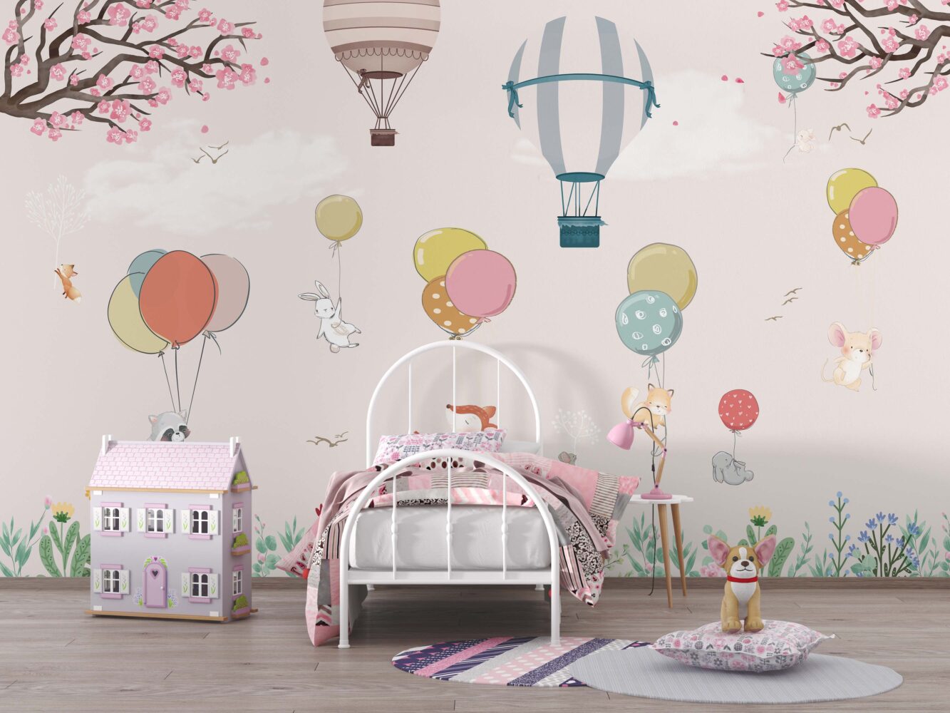 Soft Pembe Uçan Balonlu Hayvanlar 3D Duvar Kağıdı | Duvar Kağıdı Marketi