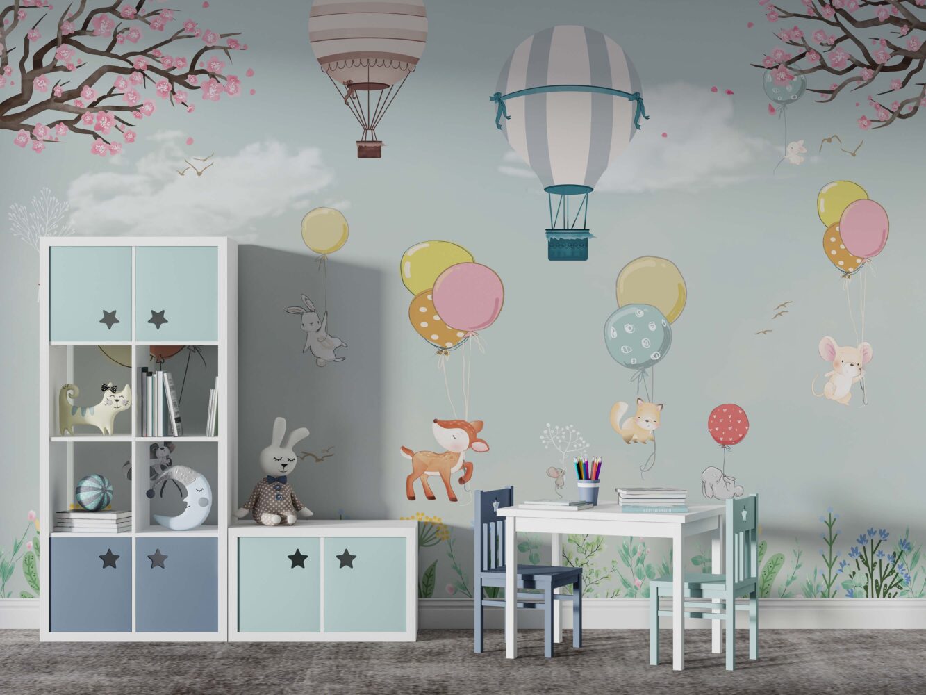 Soft Mavi Tonların'da Uçan Balonlu Hayvanlar 3D Duvar Kağıdı