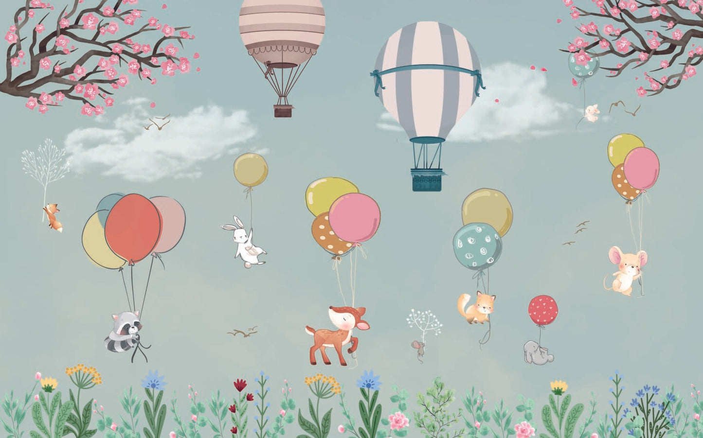 Soft Mavi Tonların'da Uçan Balonlu Hayvanlar 3D Duvar Kağıdı