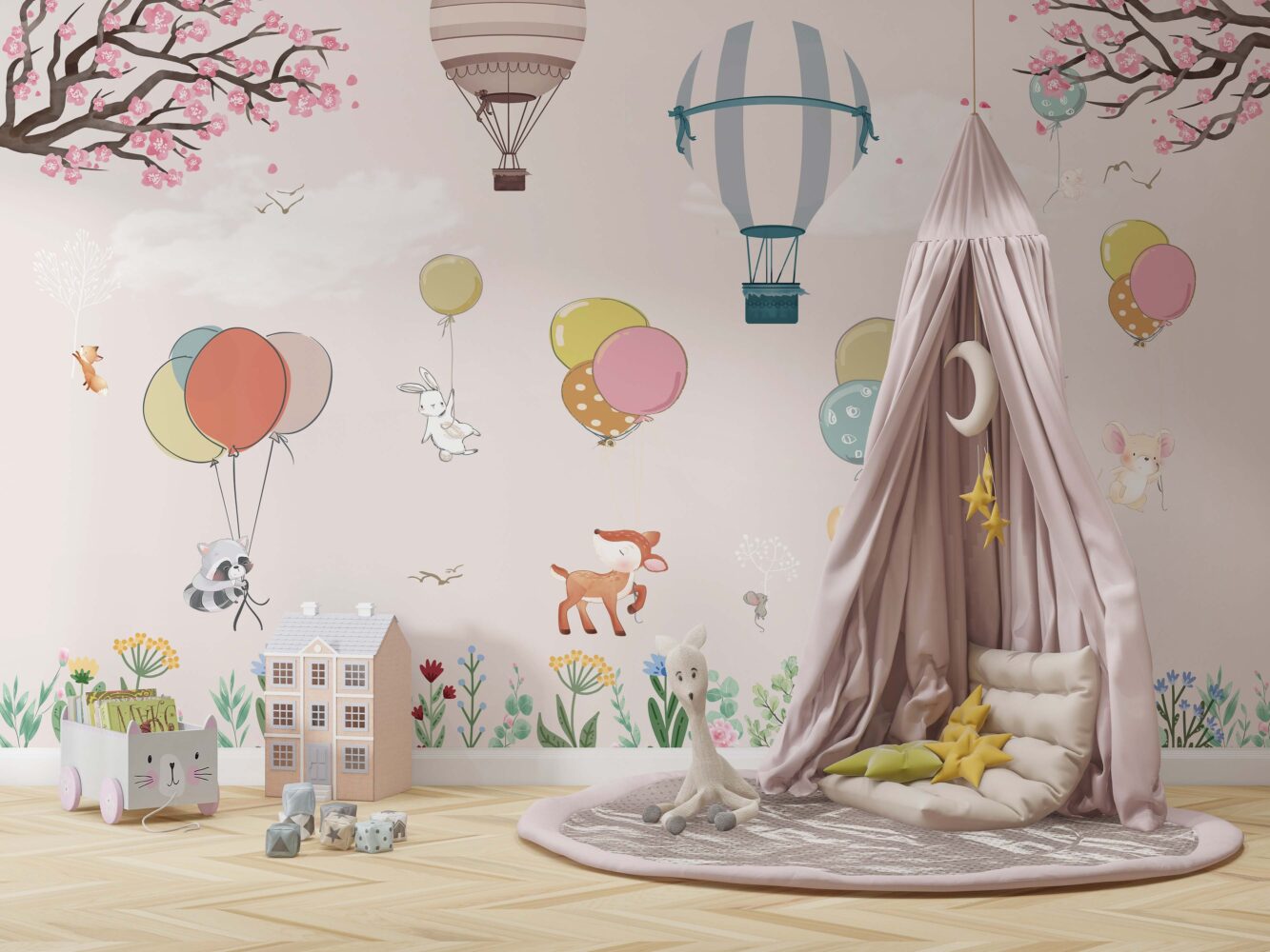 Soft Pembe Uçan Balonlu Hayvanlar 3D Duvar Kağıdı | Duvar Kağıdı Marketi