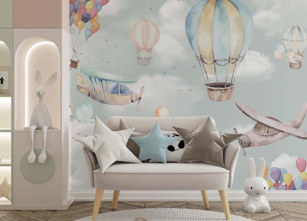 Çocuk Odası Balonlu ve Zürafalı 3D Duvar Kağıdı | Duvar Kağıdı Marketi