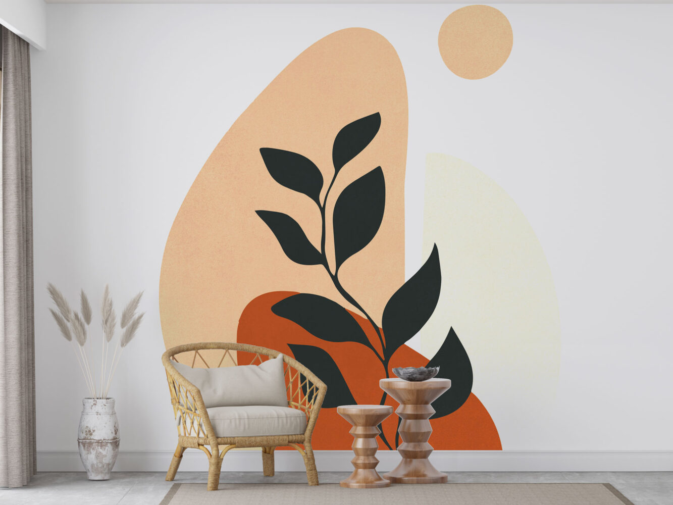 Boho Renklerde Yaprak ve Güneş Duvar Kağıdı