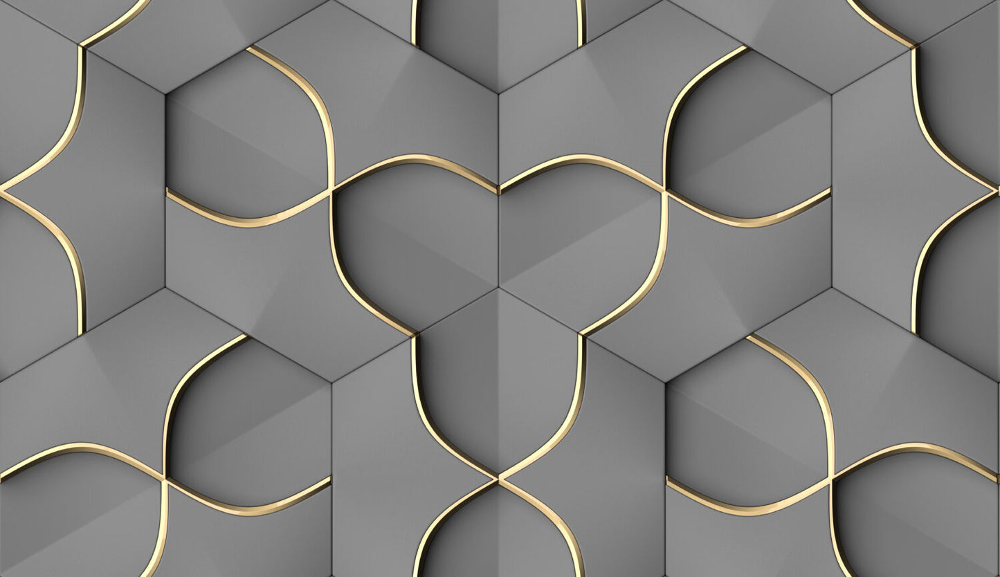 Altın Detaylı Gri Geometrik 3D Duvar Kağıdı