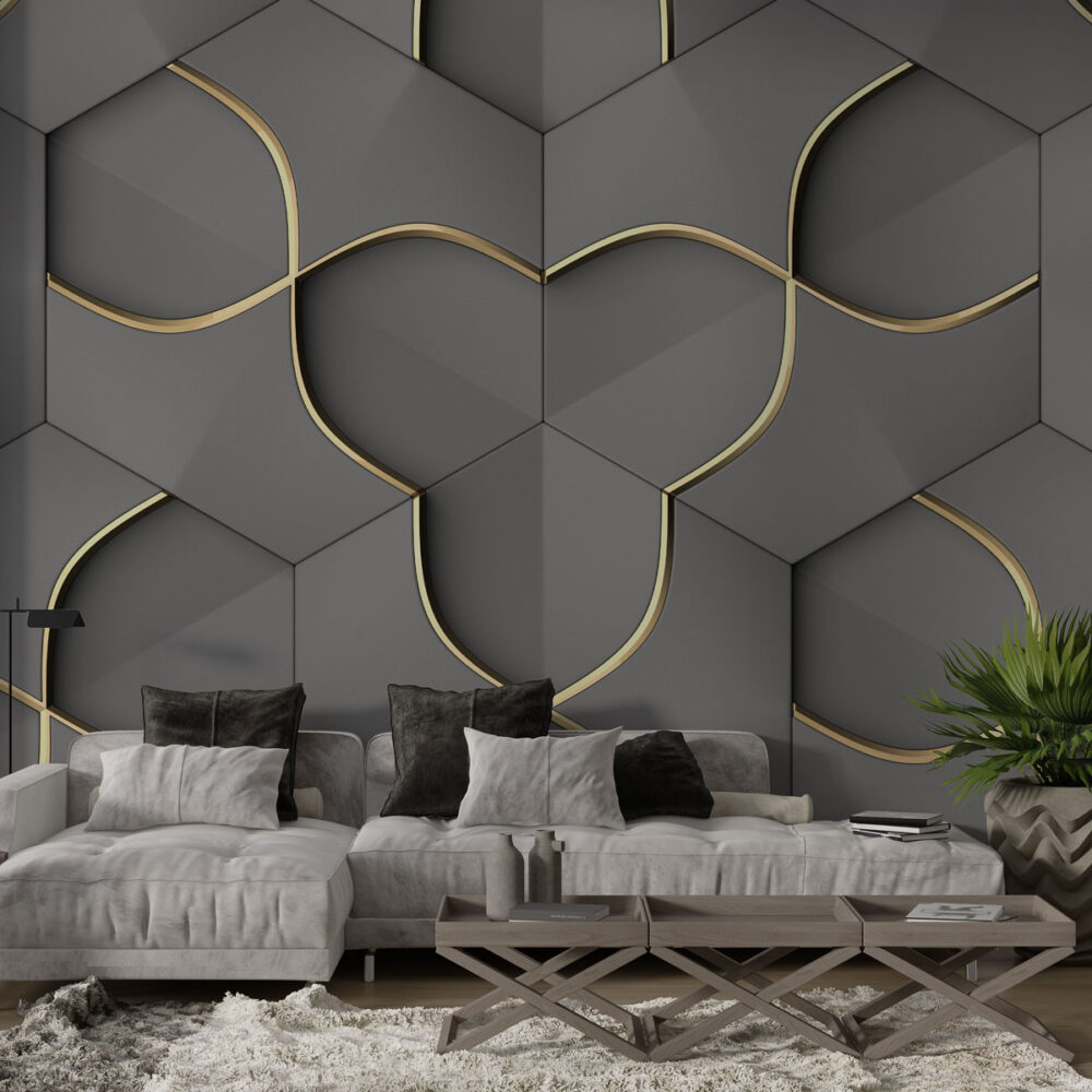 Altın Detaylı Gri Geometrik 3D Duvar Kağıdı