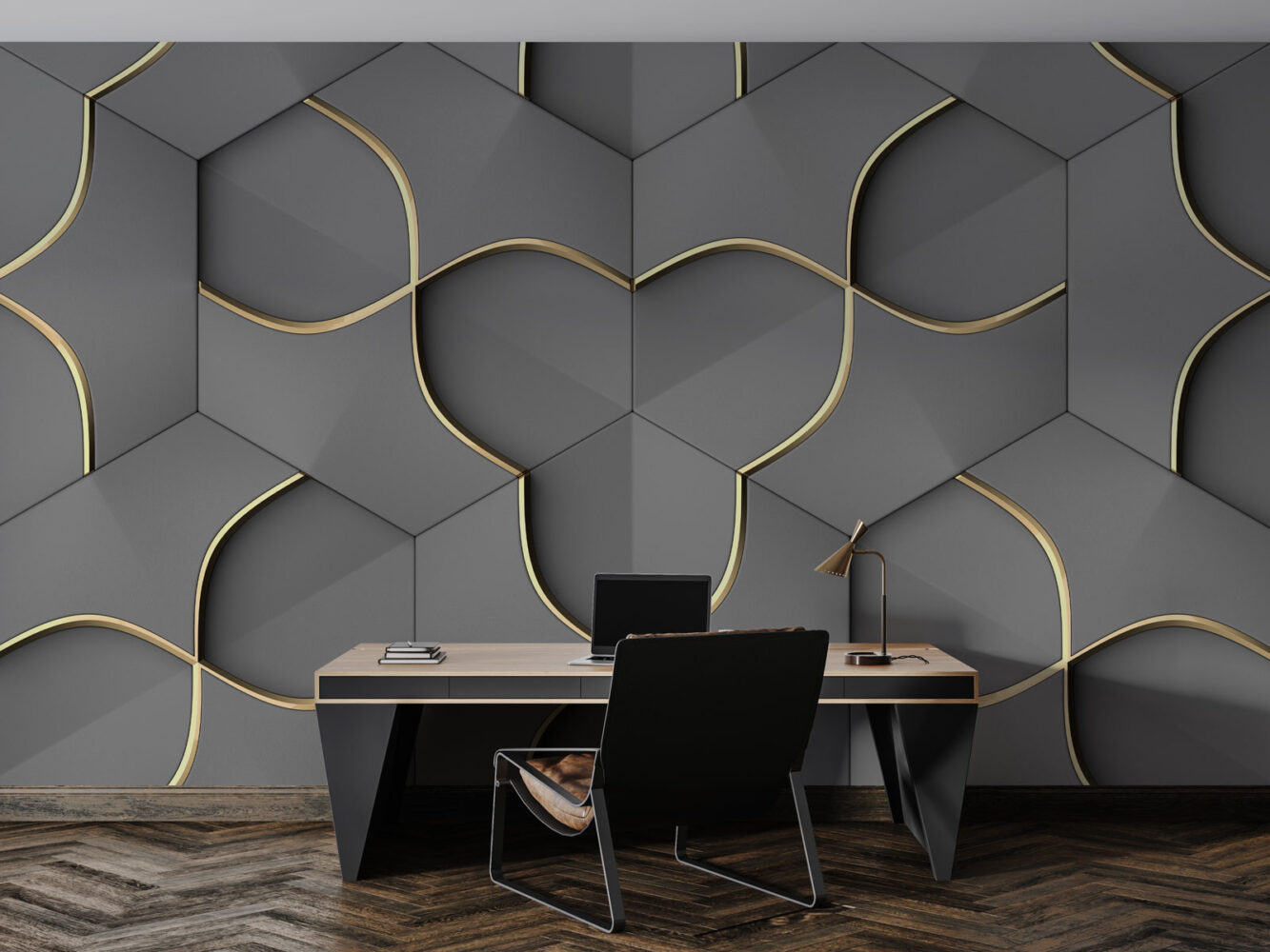 Altın Detaylı Gri Geometrik 3D Duvar Kağıdı