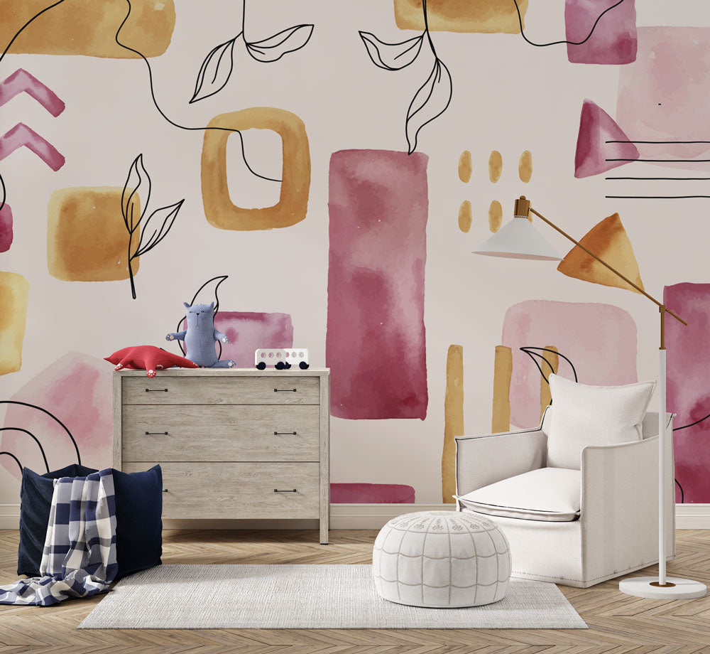 Minimal Yapraklar ve Geometrik Şekiller Duvar Kağıdı