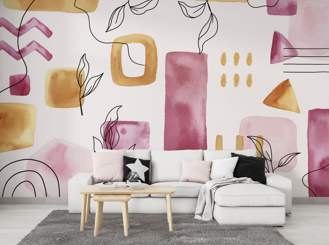 Minimal Yapraklar ve Geometrik Şekiller Duvar Kağıdı