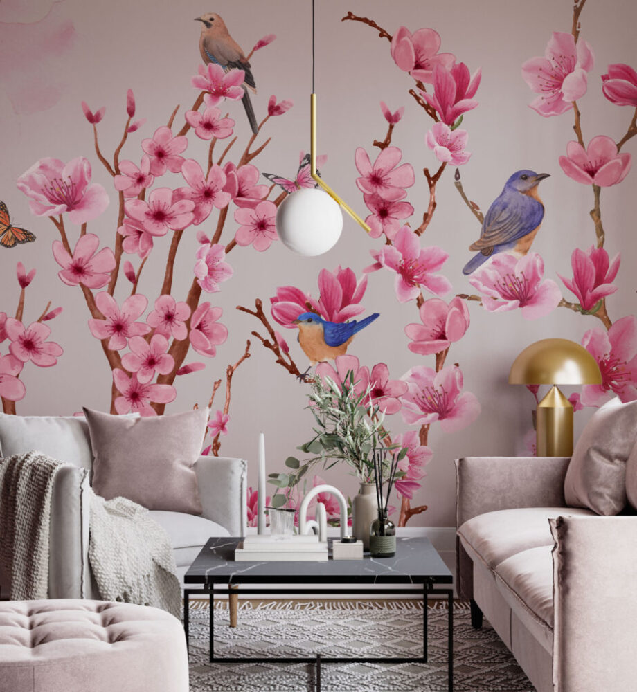 Pembe Çiçekli Daldaki Kuş Desenli 3D Duvar Kağıdı