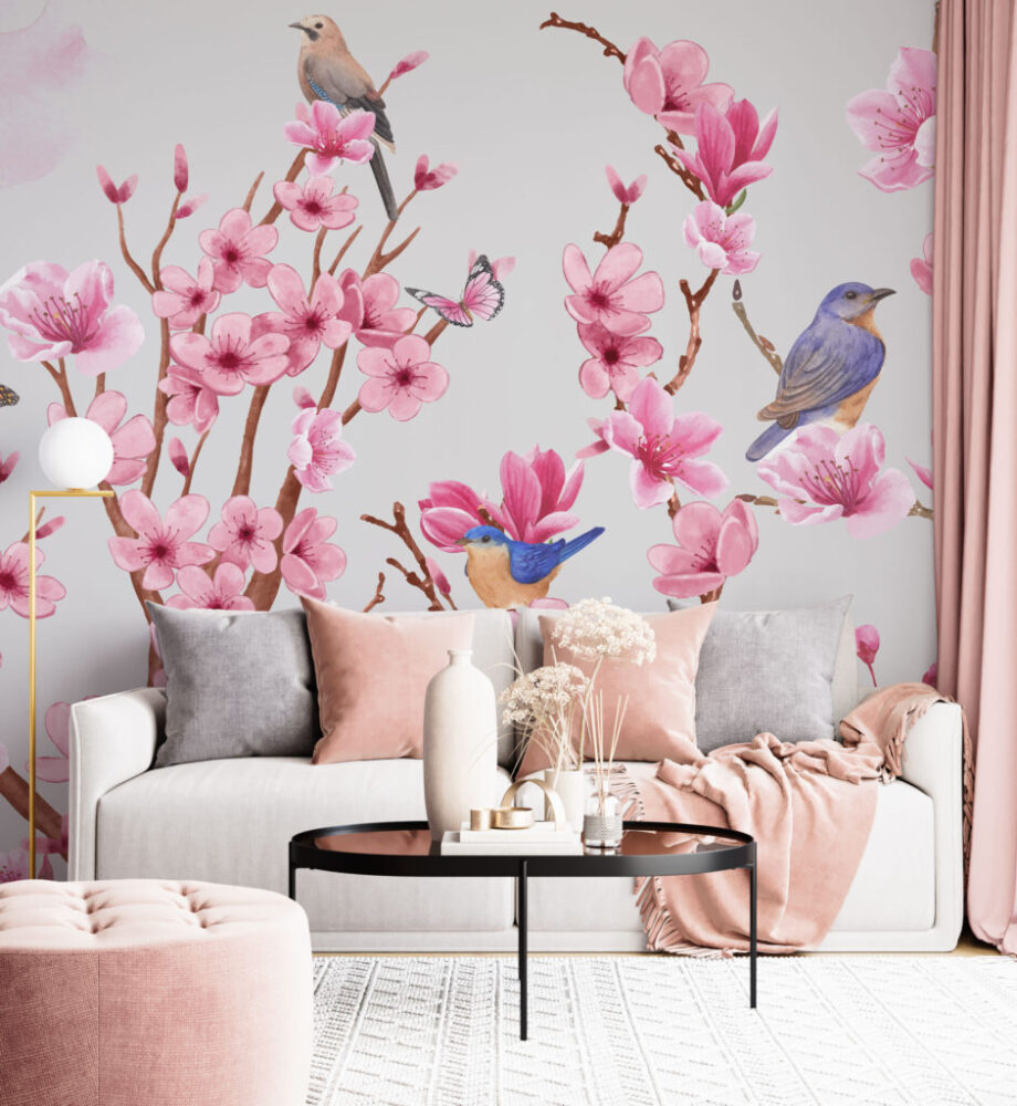 Pembe Çiçekli Daldaki Kuş Desenli 3D Duvar Kağıdı