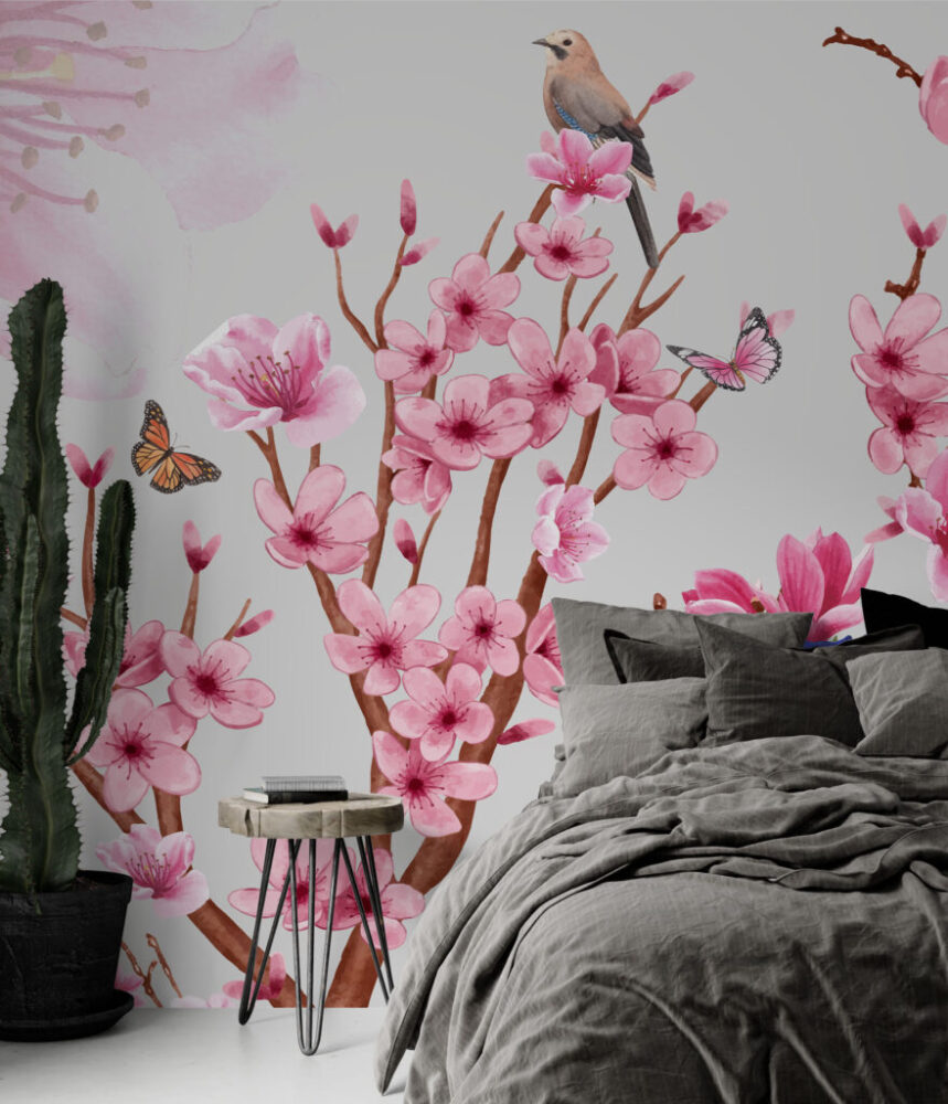 Pembe Çiçekli Daldaki Kuş Desenli 3D Duvar Kağıdı