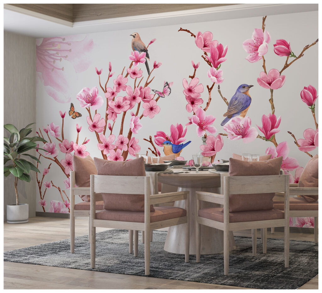 Pembe Çiçekli Daldaki Kuş Desenli 3D Duvar Kağıdı