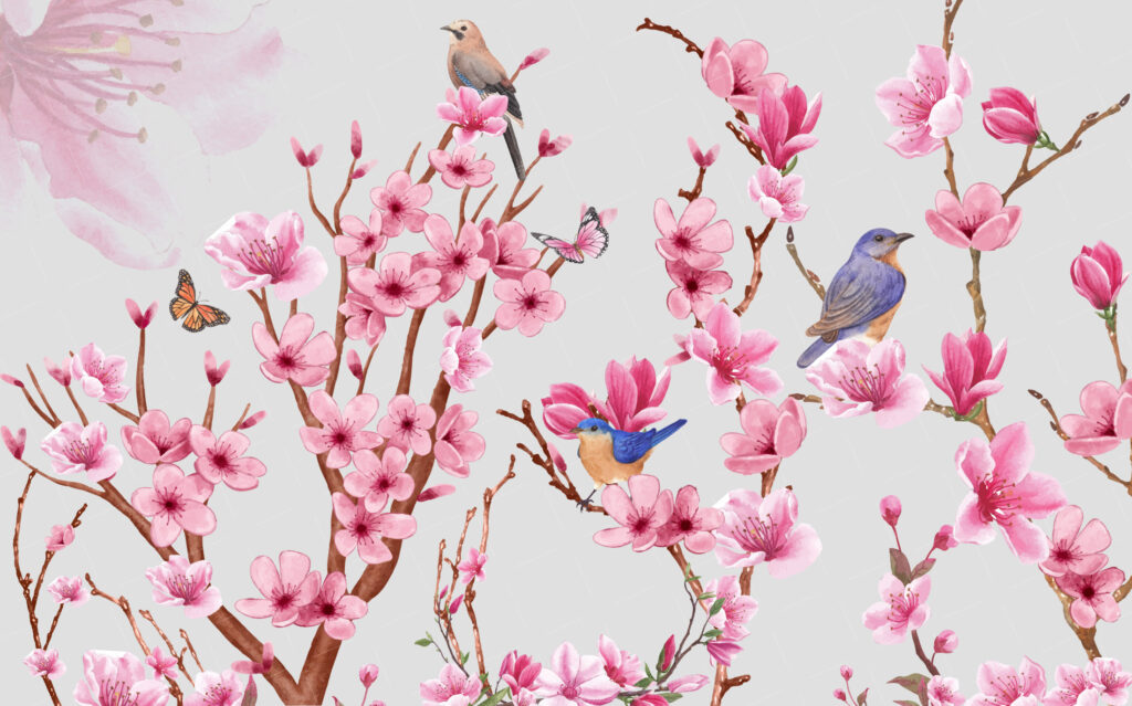 Pembe Çiçekli Daldaki Kuş Desenli 3D Duvar Kağıdı