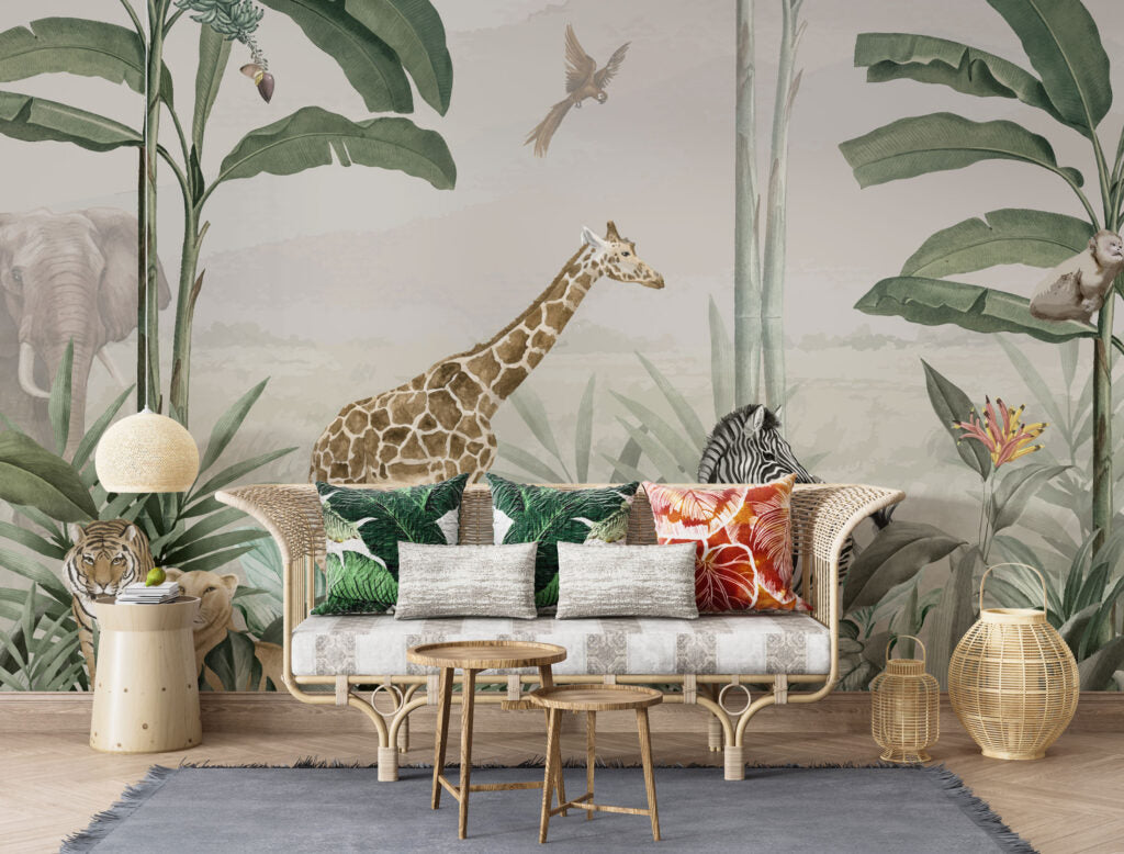 3D Zürafa ve Zebra Desenli Tropikal Duvar Kağıdı