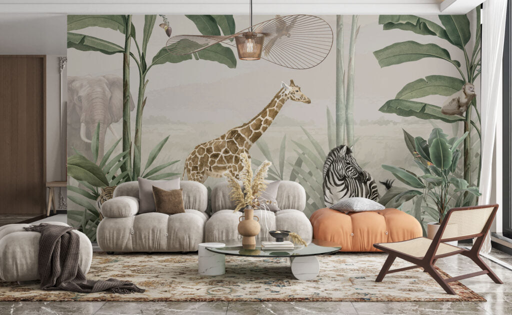 3D Zürafa ve Zebra Desenli Tropikal Duvar Kağıdı