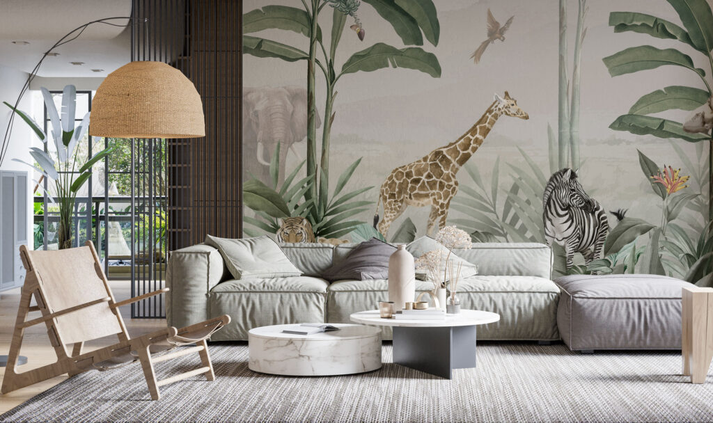 3D Zürafa ve Zebra Desenli Tropikal Duvar Kağıdı