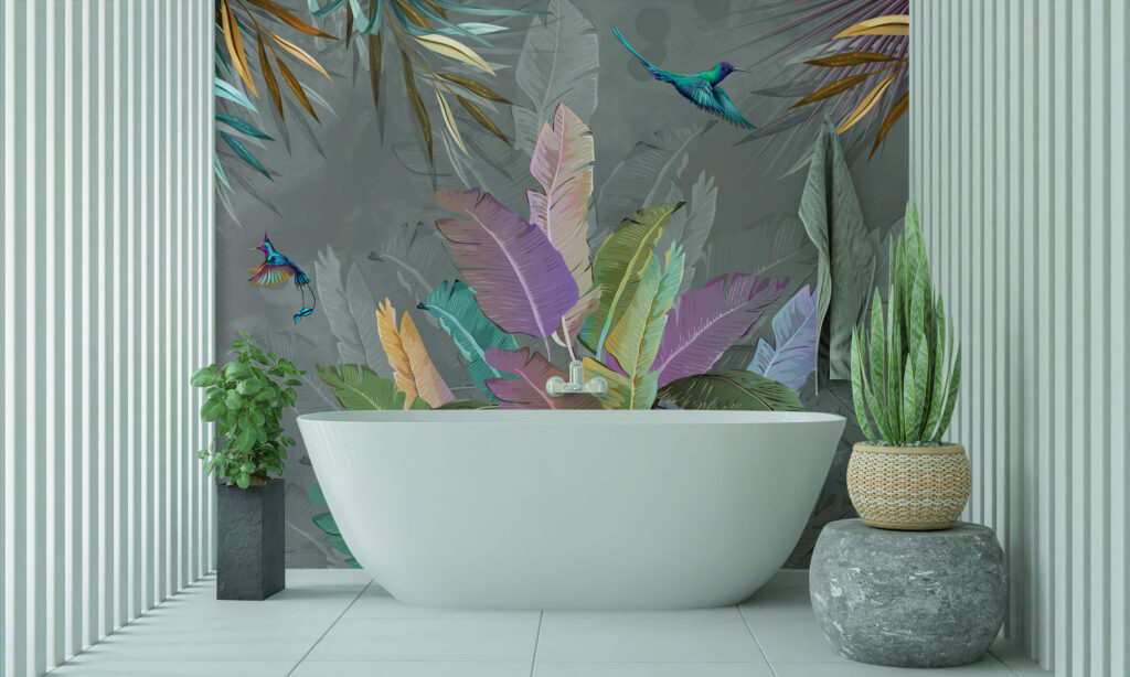 3D Çok Renkli Yaprak ve Kuş Desenli Tropikal Duvar Kağıdı