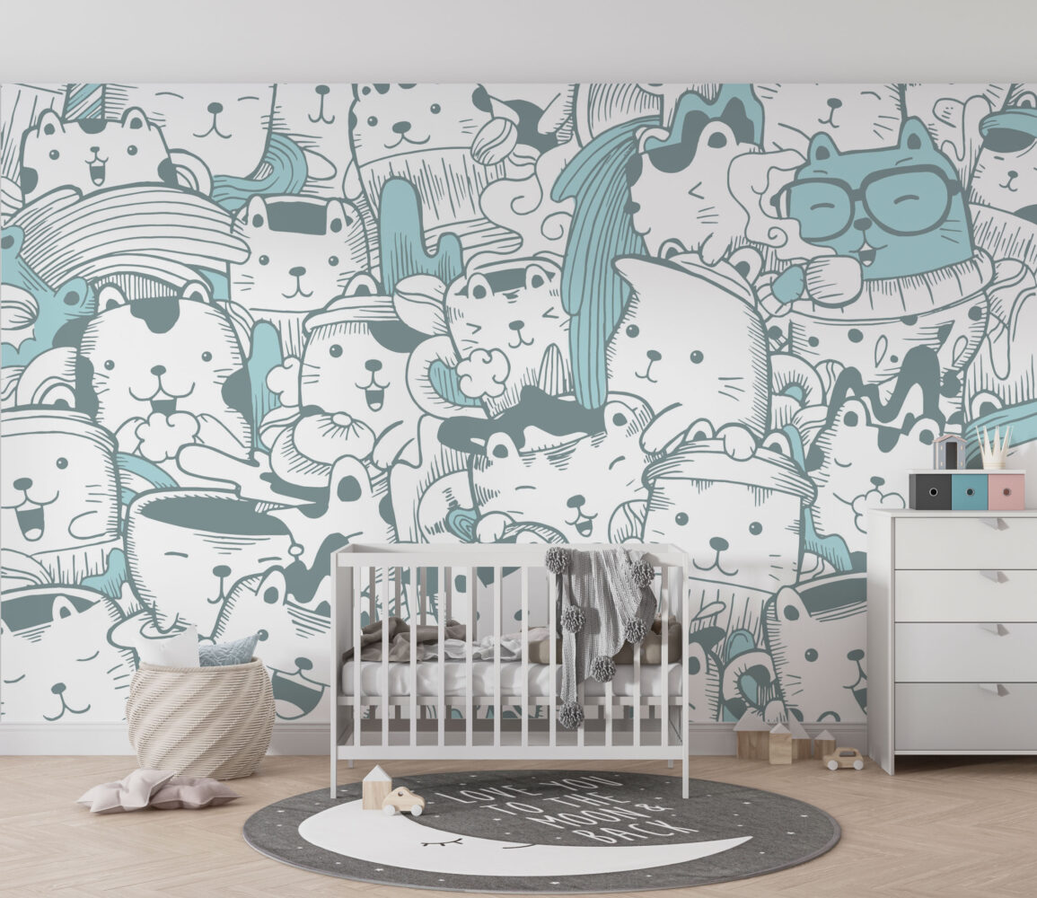Zeminli Küçük Minnoşlu Desenli 3D Soft Turkuaz Duvar Kağıdı Poster