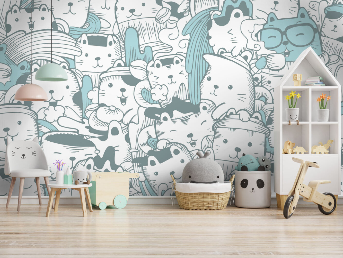 Soft Turkuaz Zeminli Küçük Minnoşlu Desenli 3D Duvar Kağıdı