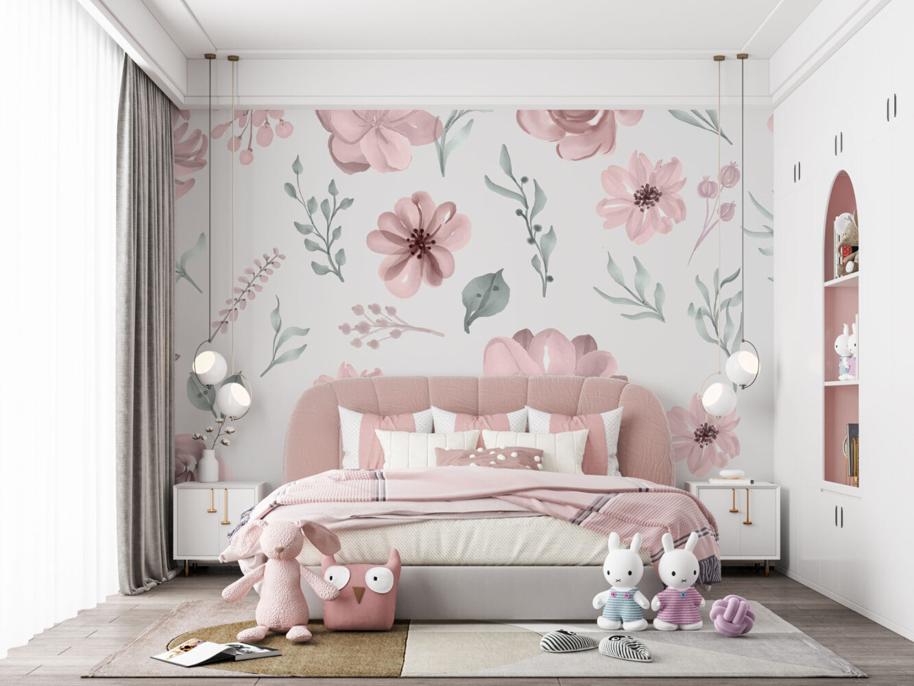 Pembe Tonlarda Çiçekler ve Yapraklar Duvar kağıdı