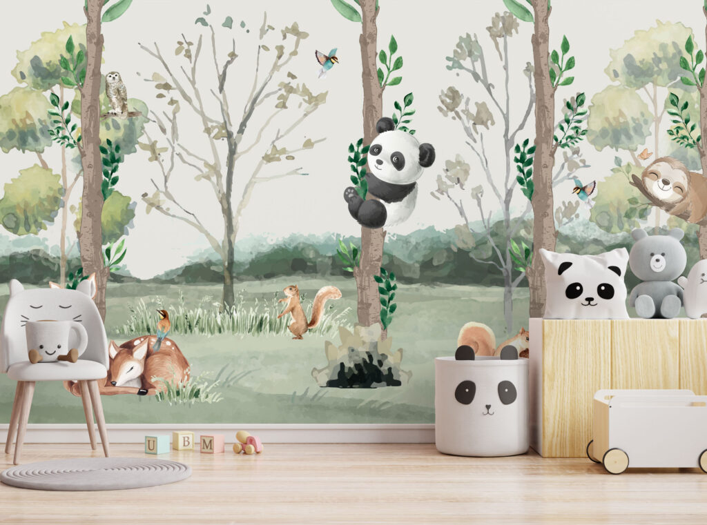 Ağaca Sarılan Panda Görselli 3D Duvar Kağıdı