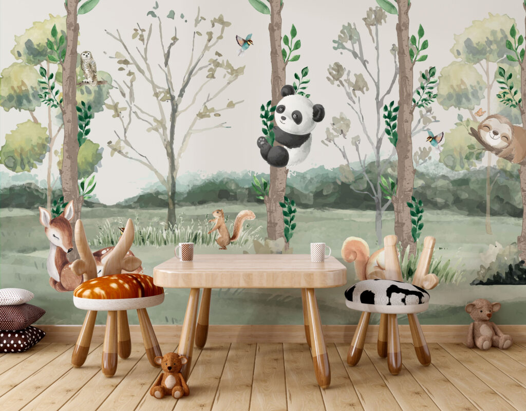 Ağaca Sarılan Panda Görselli 3D Duvar Kağıdı