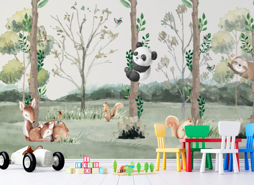 Ağaca Sarılan Panda Görselli 3D Duvar Kağıdı