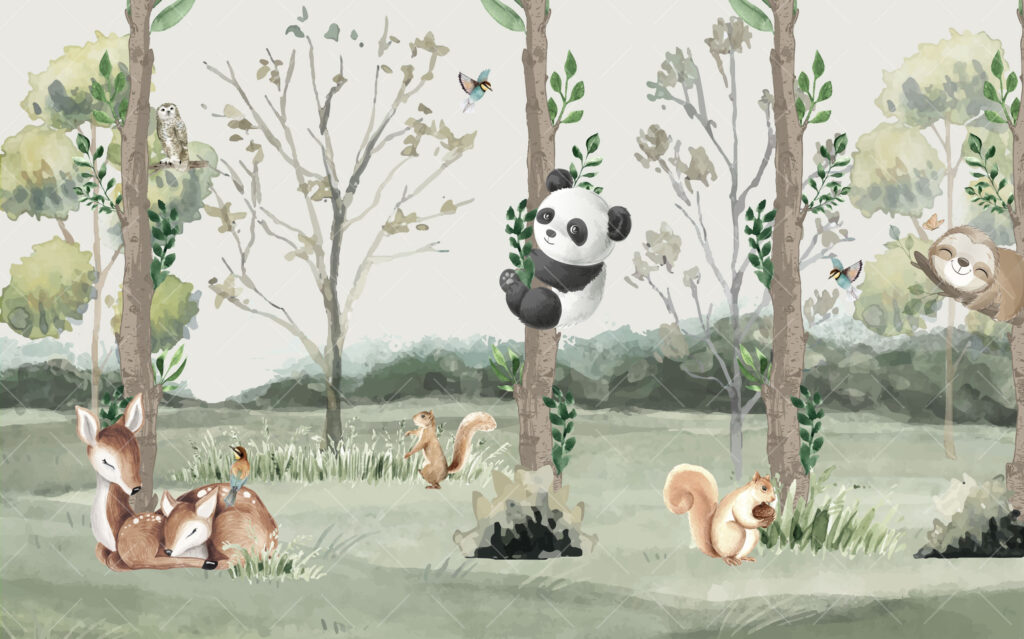 Ağaca Sarılan Panda Görselli 3D Duvar Kağıdı