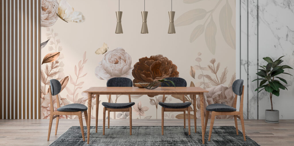 Beyaz-Kahverengi Gül ve Bitki Desenli 3D Duvar Kağıdı