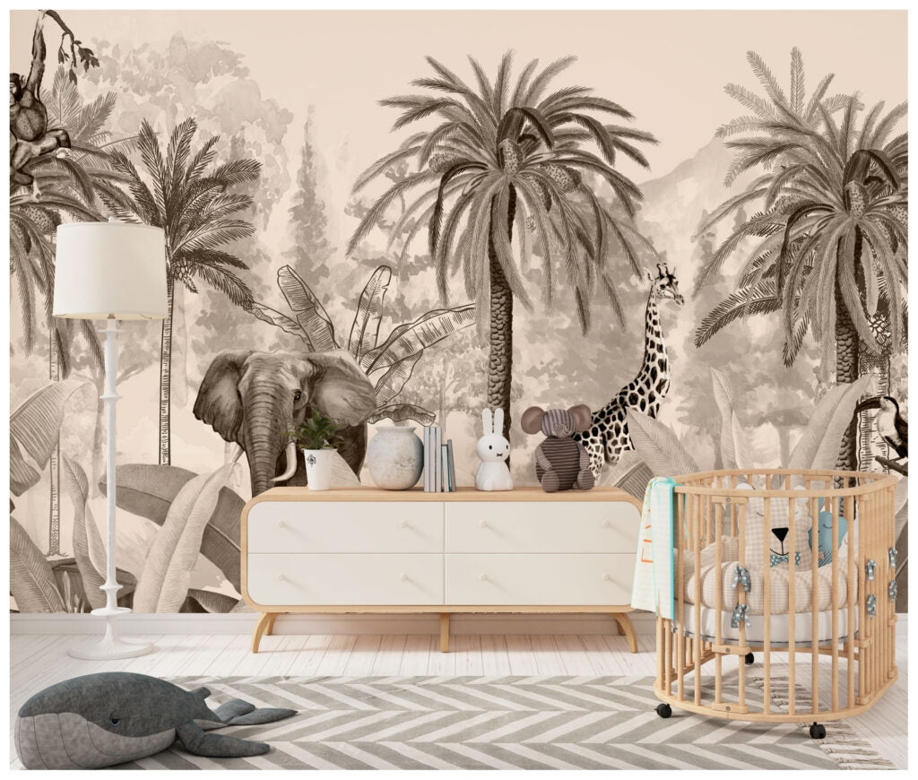 Zürafalı Ormanda Fil Duvar Kağıdı Poster
