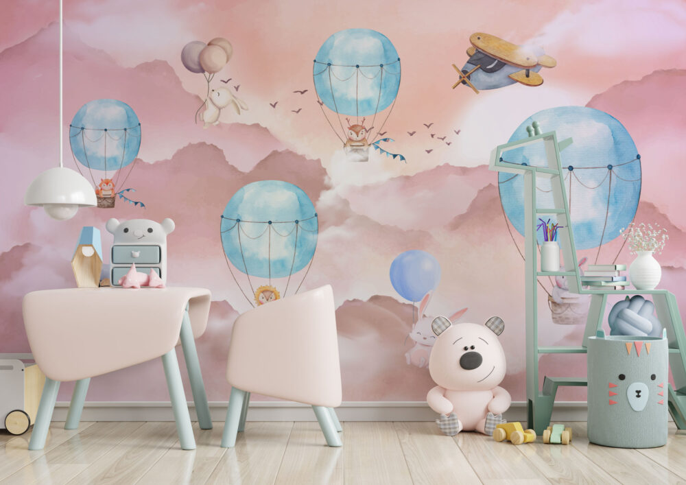 Soft Pembe Tonların'da Uçan Sevimli Hayvanlı 3D Duvar Kağıdı