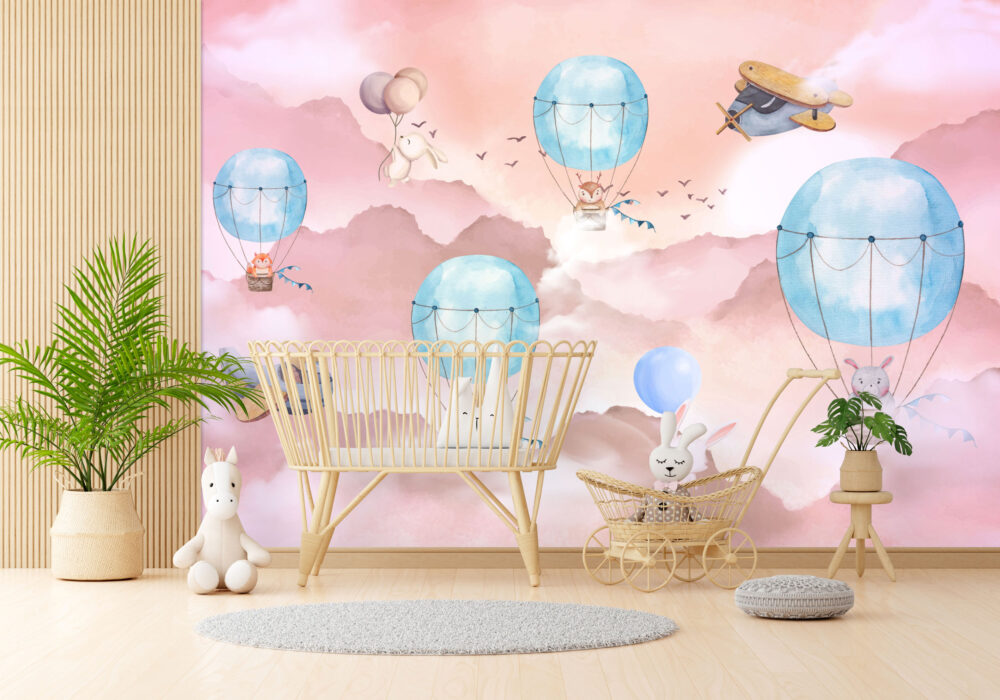Soft Pembe Tonların'da Uçan Sevimli Hayvanlı 3D Duvar Kağıdı