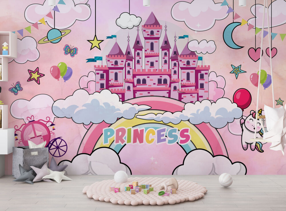 Unicornlu Çocuk Prenses Şatolu Duvar Kağıdı Poster