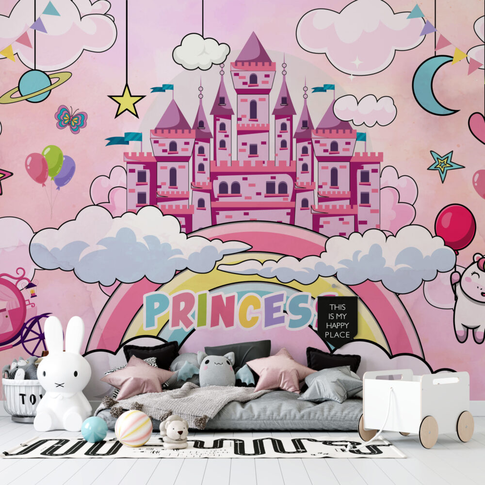 Prenses Şatolu Unicornlu Çocuk Duvar Kağıdı