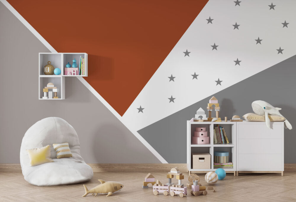 Soft Bordo ve Gri Tonların'da Yıldızlı Geometrik Desenli Çocuk Duvar Kağıdı